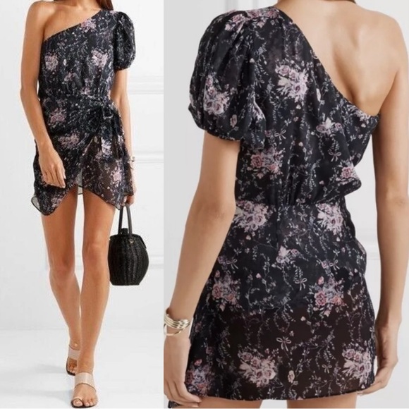 LoveShackFancy Peyton Mini Dress Navy Blue Floral Bow Silk One Shoulder Medium - Picture 9 of 9